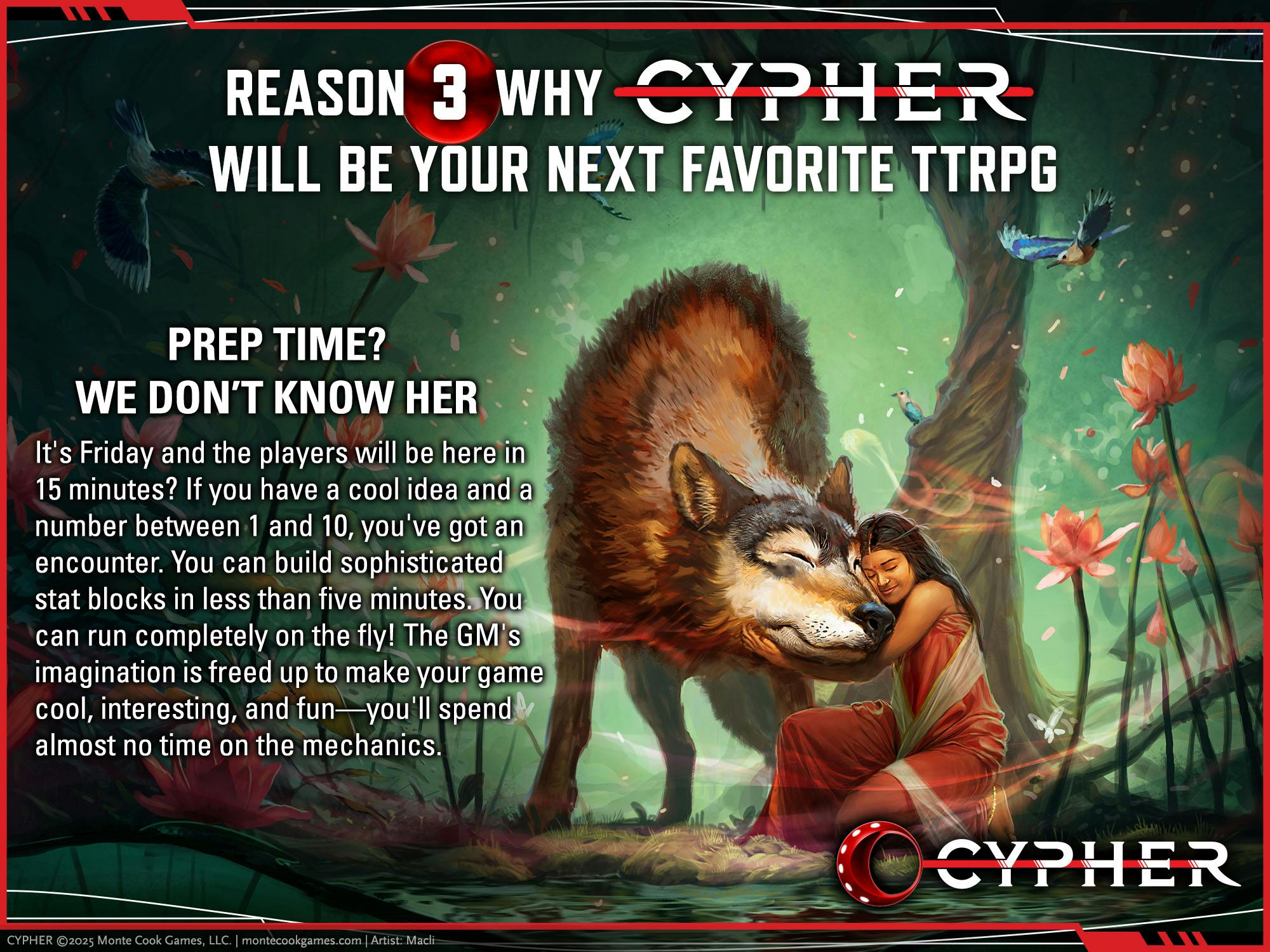 A graphic showing an image of a fantasy character snuggling with her giant wolf companion, with the text Reason 3 why Cypher will be your next favorite TTRPG: Prep time? We don't know her.
