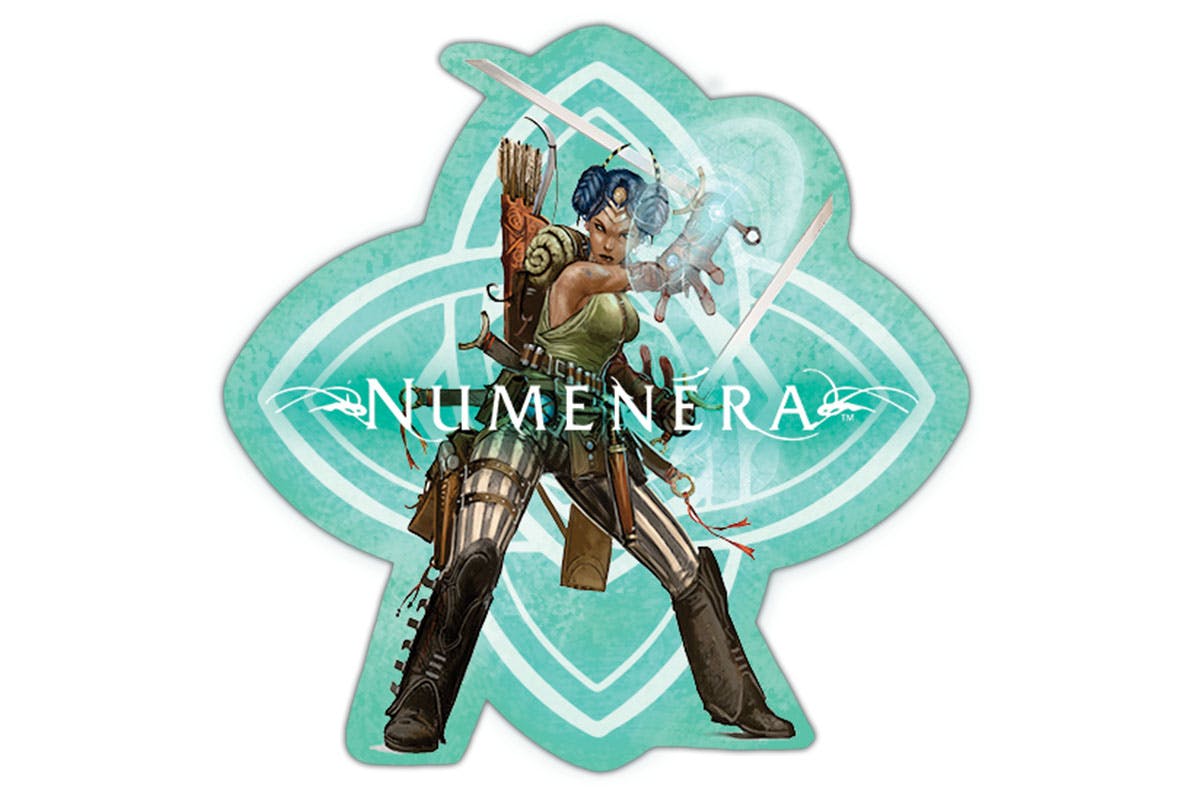 Mockup of a sticker showing a fantasy character with two swords, over the Order of Truth symbol and with the Numenera logo.