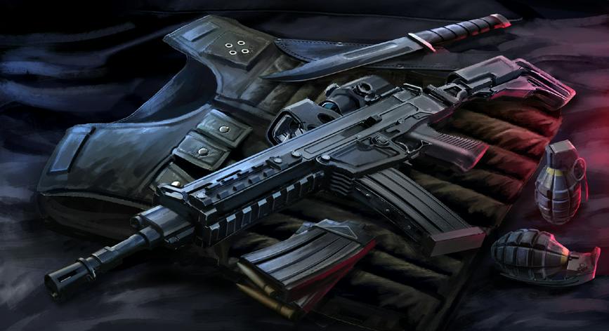 A body armor with an assault rifle and a couple of ammo magazines, two grenades and a knife.