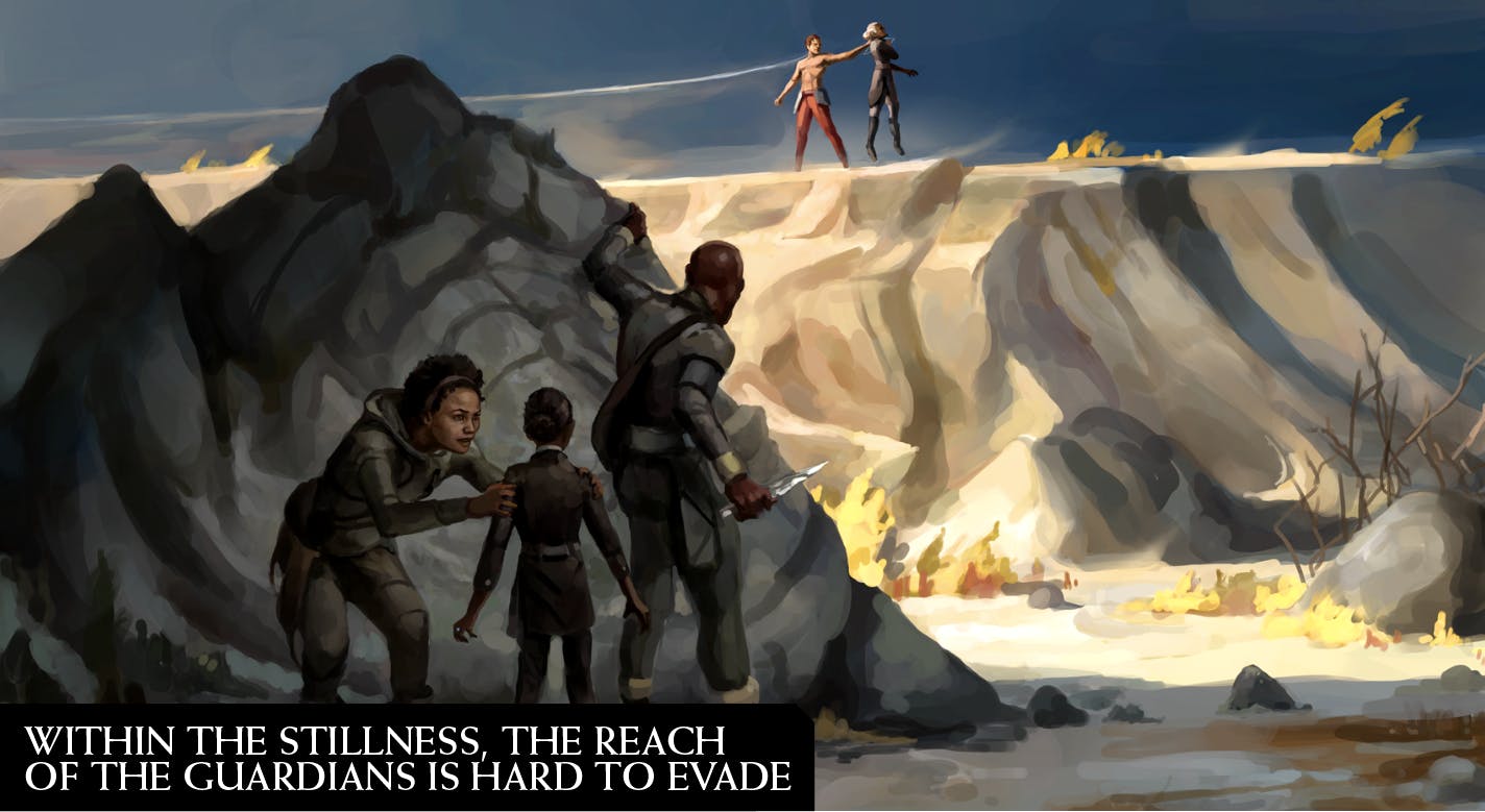 Image of an orogene being caught by a guardian as a family watches from concealment.