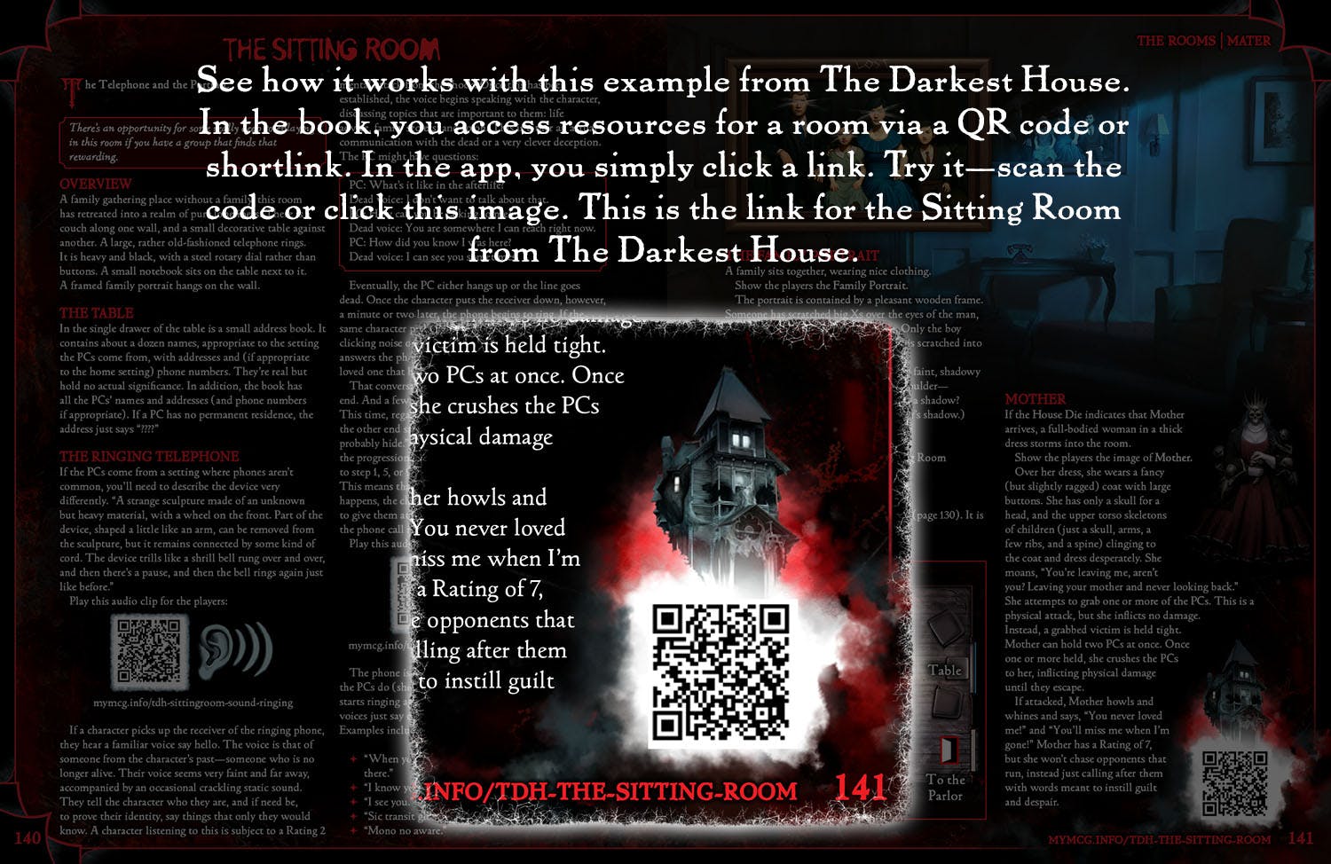 See how it works with this example from The Darkest House. In the book, you access resources for a room via a QR code or shortlink. In the app, you simply click a link. Try it—scan the code or click this image. This is the link for the Sitting Room from The Darkest House.