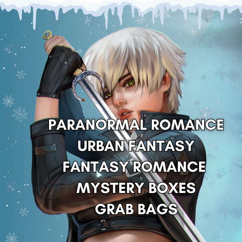 custom illustration of a young blonde woman with a sword. Text reads:  Paranormal Romance, Urban Fantasy, Fantasy Romance, Mystery Boxes, Grab Bags