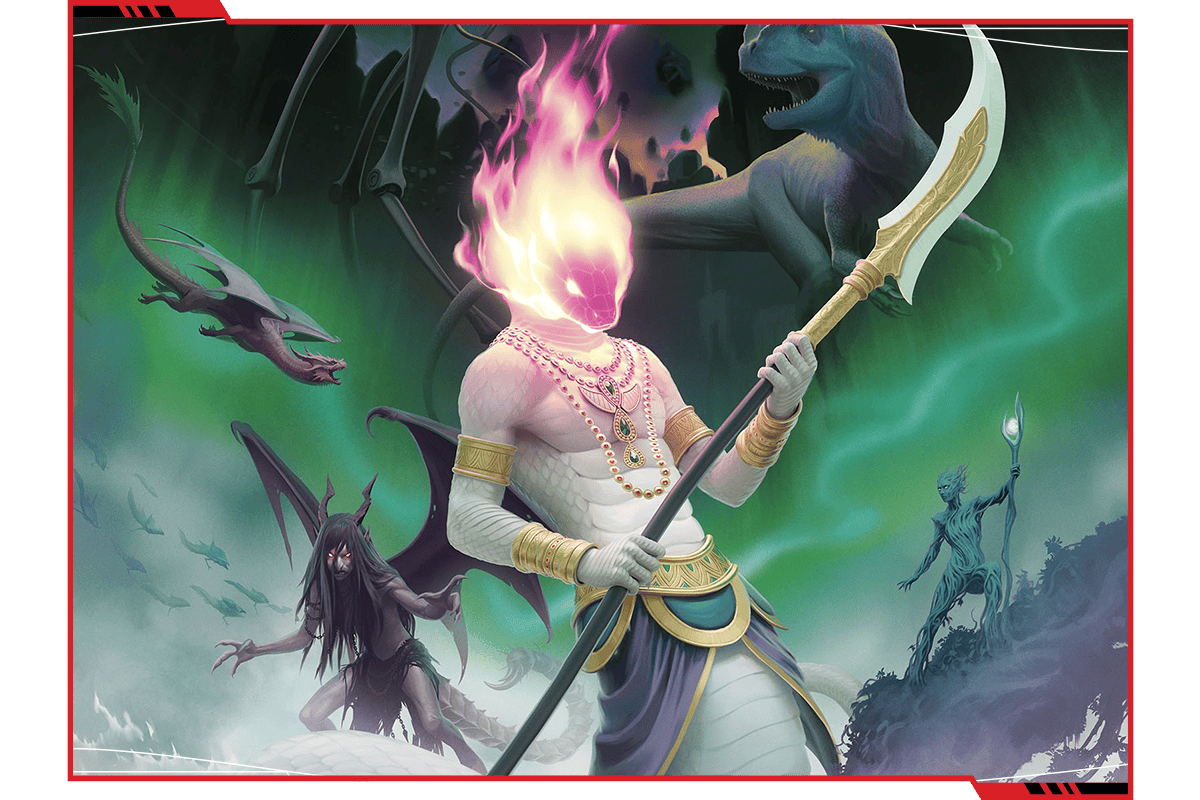 A naga-like creature with a flaming head lords over a background filled with evil or dangerous creatures.