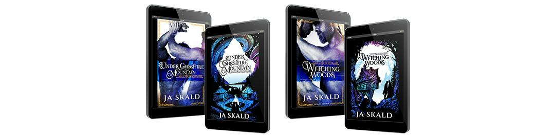 Tablets showing eBook covers for the Tales of a Sunless Land series (with alternate steamy cover variants), including Under Ghostfire Mountain & The Witching Woods.