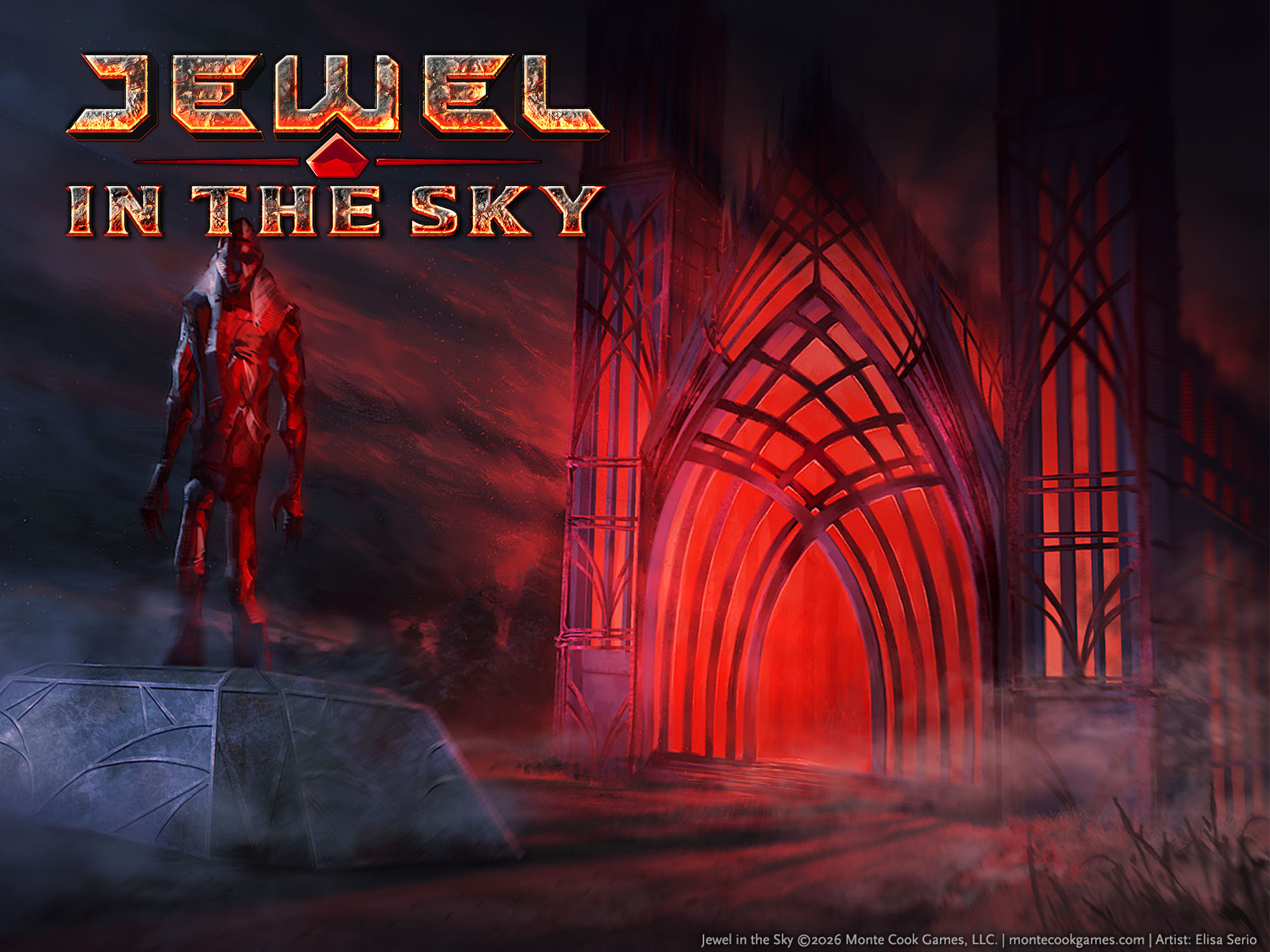 Illustration showing the ornate doorway and windows of a structure, from which an intense crimson glow emerges. In the foreground an armored figure or statue stands on a plinth.