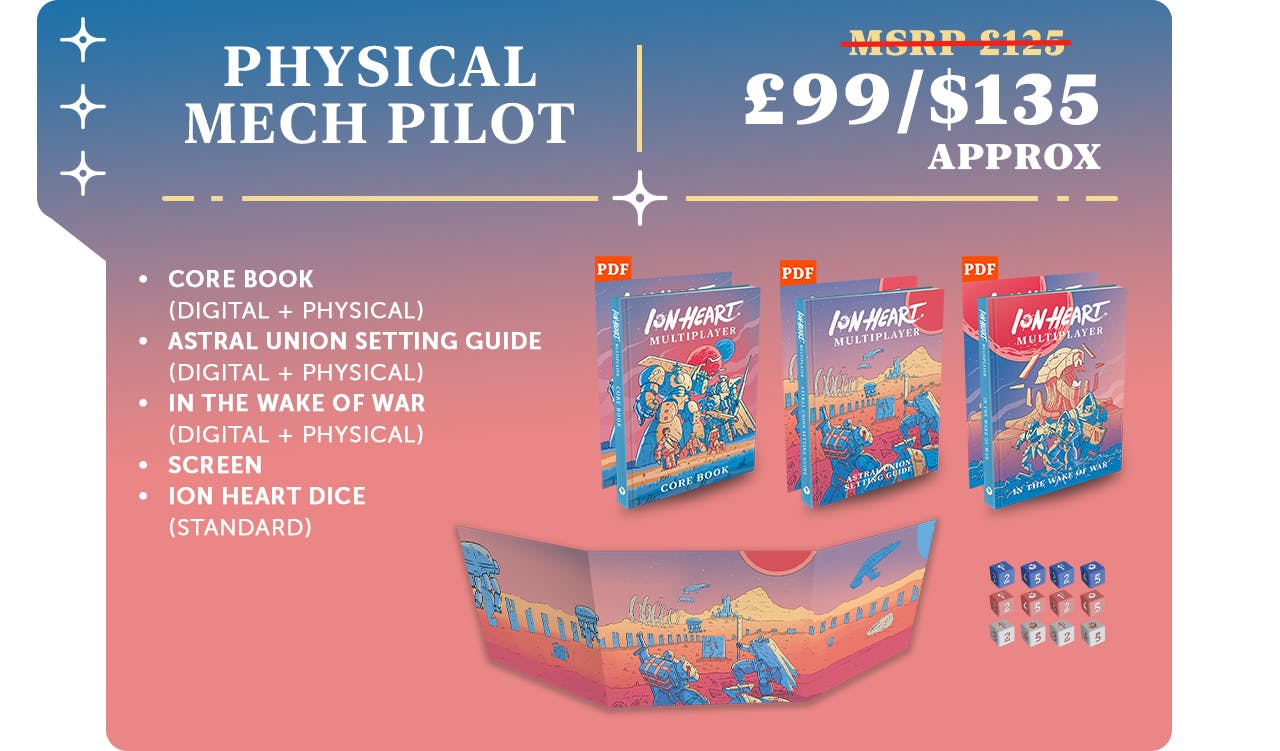 Physical Mech Pilot - All three gamebooks physically with PDFs, Dice Set, and GM Screen, £99 / $135.