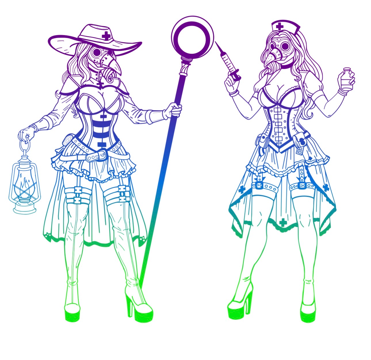 Purple, blue, and green