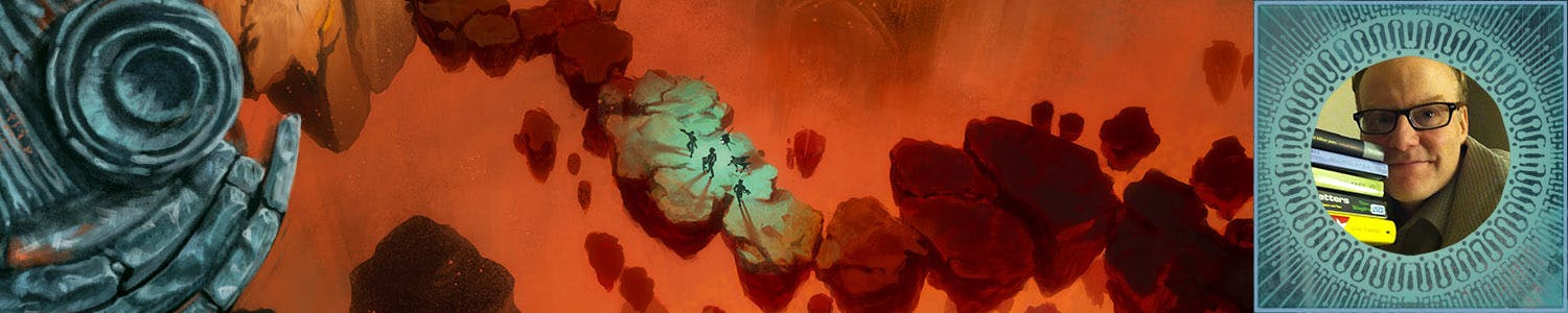 Image of Monte Cook, with art of a group of adventurers crossing a rocky path.