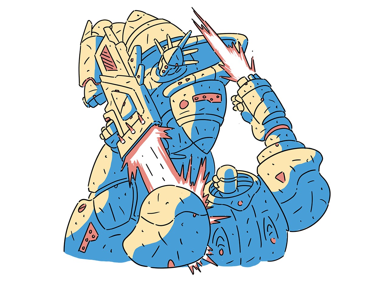 Two mechs engage in close quarters combat, a brutal and explosive display.