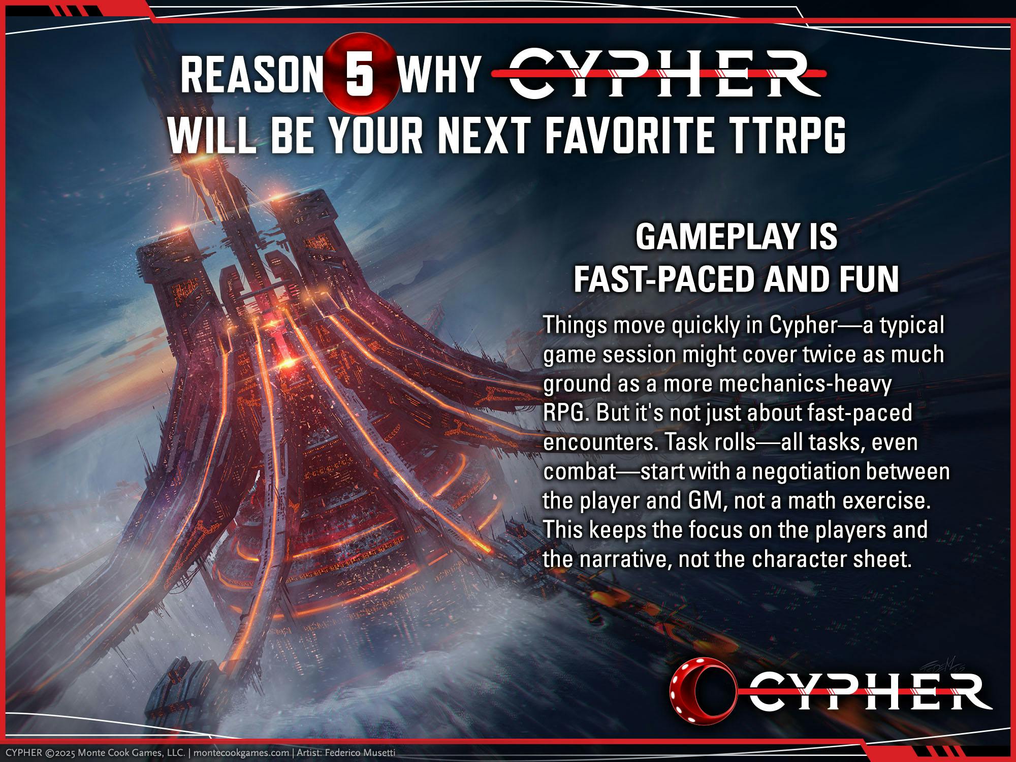 A graphic showing an image of a fantasy city, with the text Reason 5 why Cypher will be your next favorite TTRPG: Gameplay is fast-paced and fun.