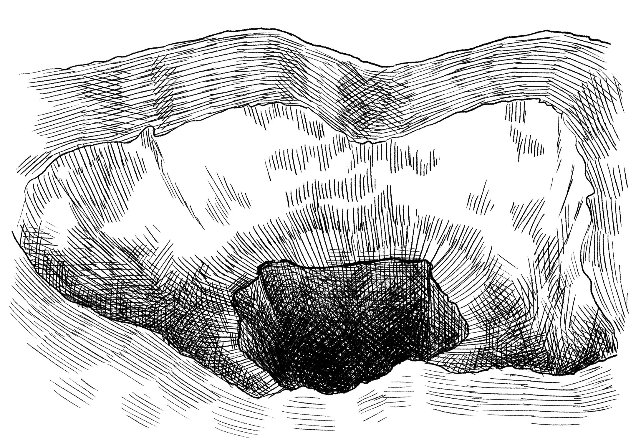  A black and white crosshatched illustration of a sinkhole 