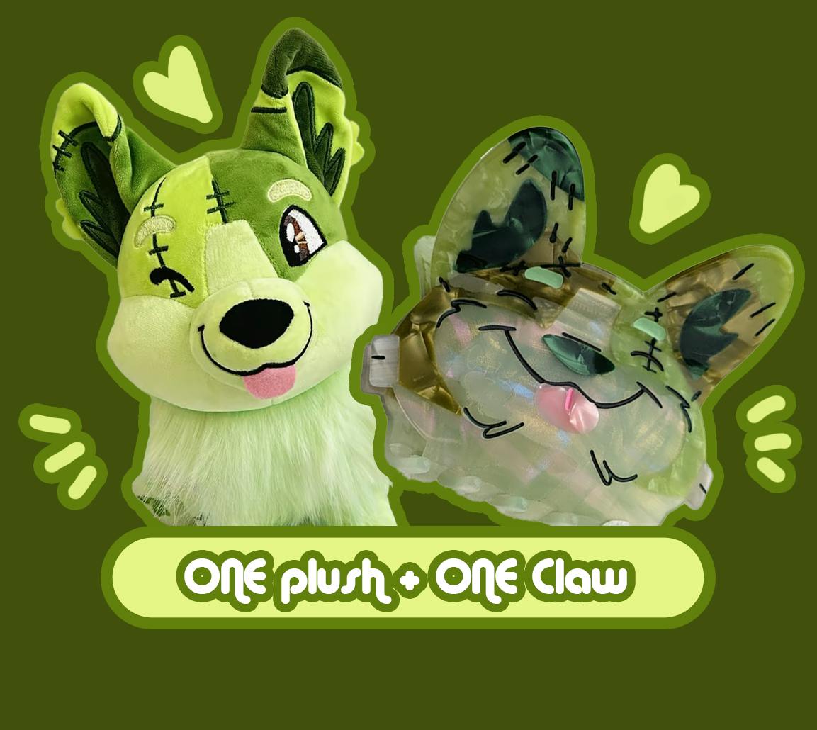 One (1) Buster Frankencorgi Sitting Plush & One (1) Hair Claw