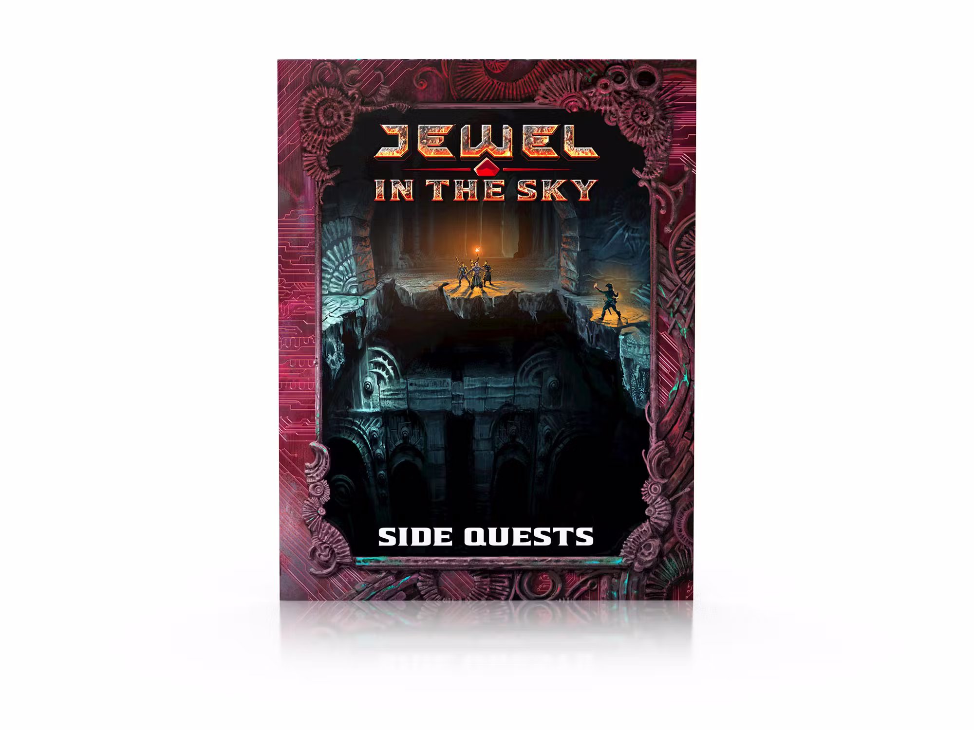 A mockup of a book with the Jewel in the Sky logo, titled Side Quests.