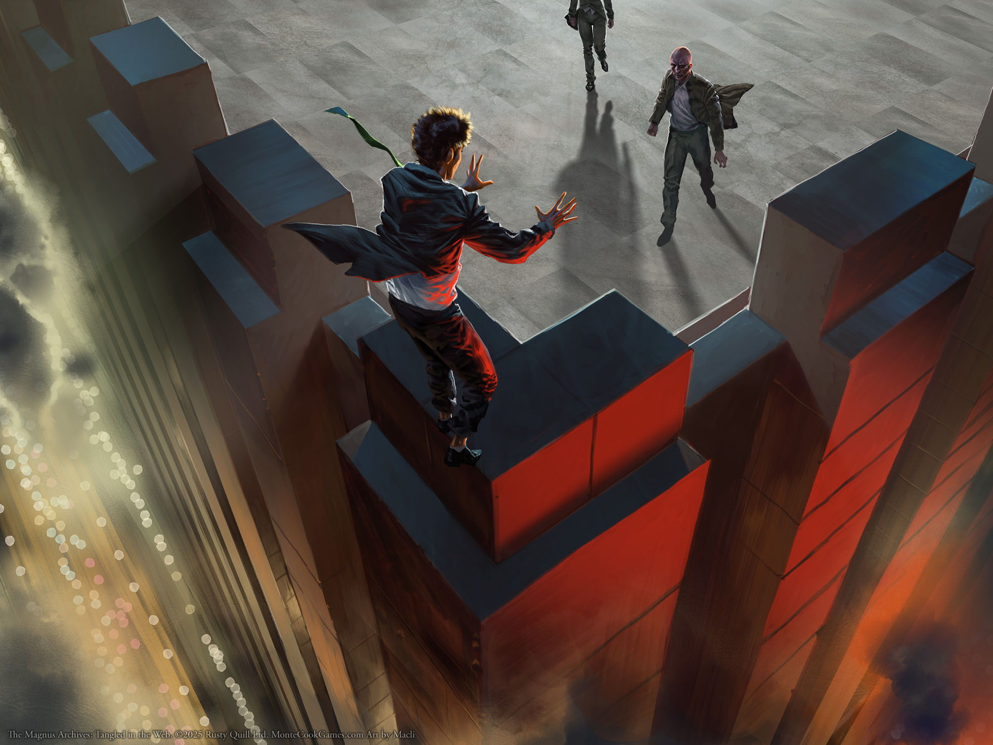 A man stands at the edge of a roof of a skyscraper. Sinister figures approach, apparently coercing the man to jump to his death.
