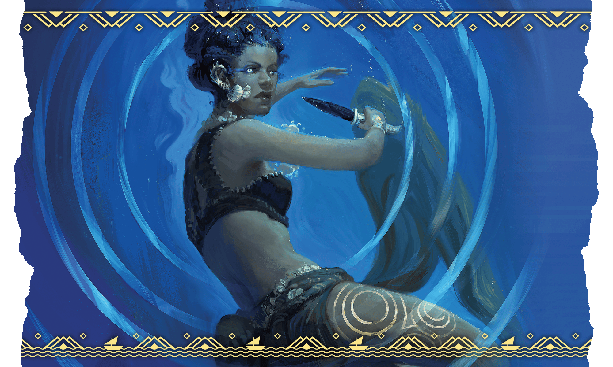 Image showing a woman swimming underwater, holding an obsidian knife. Her eyes glow, as do the geometric tattoos on her leg.