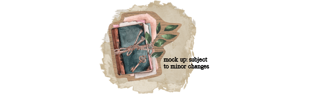 a picture of a watercolour painted journal with many sheets of paper sticking out and some leaves also hanging out to the side. on top of the journal sits a fancy key. text next to it reads mock up subject to minor changes. 