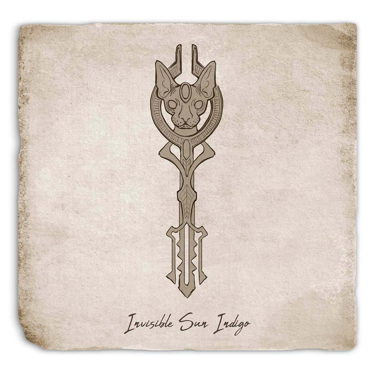 Drawing of key design featuring a strange cat's face.