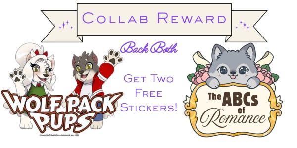 collab reward graphic showing a wolfpack pup sticker and mockup design pending sticker for the ABCs of Romance