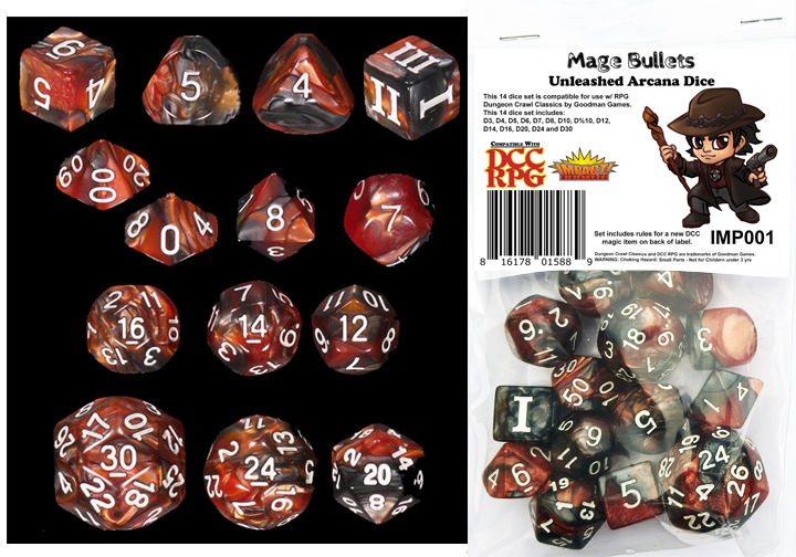 Mage Bullets DCC 14 dice set plus DCC/5E magic item PDF for Mage Bullets
