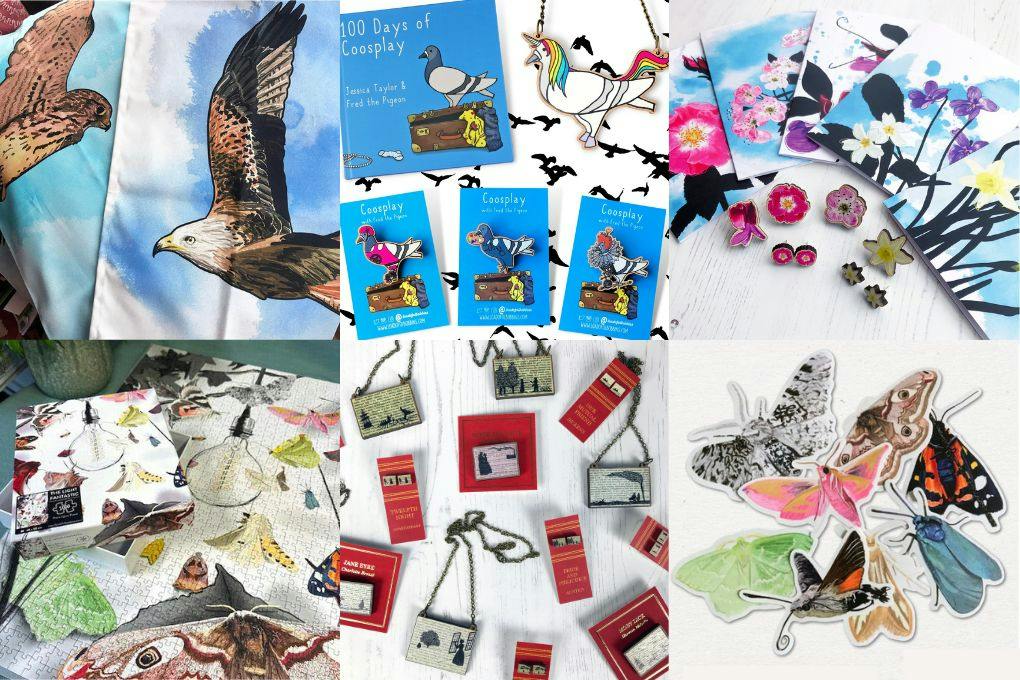 a grid of six images showing example of my, loadofolbobbins, work. Clockwise from top left they show kestrel and red kite tea towels, a series of pins a necklace and a book showing illustrations of a pigeon cosplaying as an artist, a unicorn, a roller derby player and Elizabeth 1st, a selection of birth flower themed greetings cards, mini pins and earrings, a selection of 3 inch moth stickers, a collection of laser cut wooden jewellery inspired by classic literature and a 1000 piece moth themed jigsaw