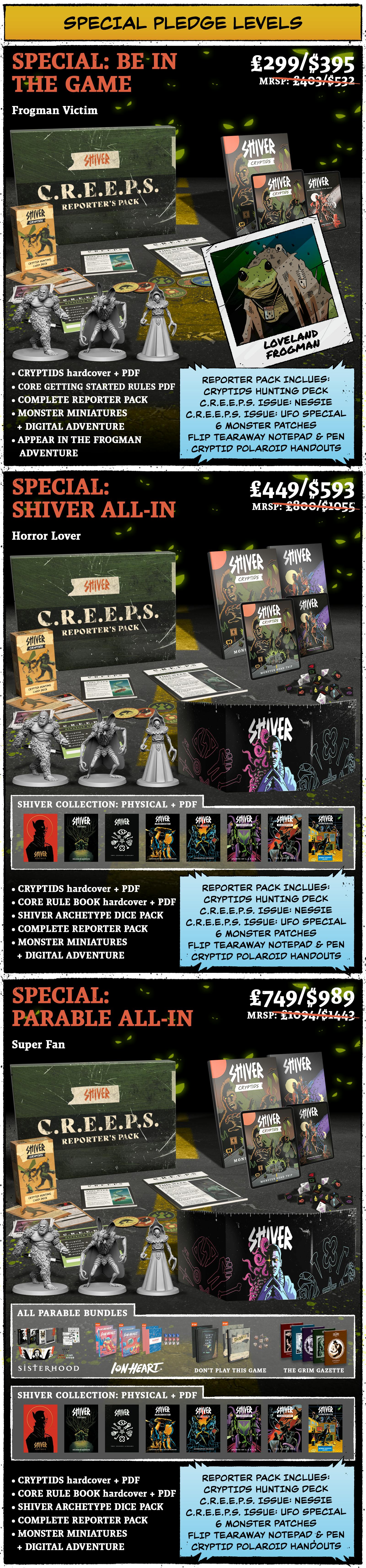 Special Pledge Levels SPECIAL: Be in the Game All the content from the Returning Player Deluxe tier, plus an appearance in our Frogman adventure! You'll  get to feature as an NPC in an adventure as a potential victim of the Loveland Frogman!  SPECIAL: SHIVER All In Pledge Price: £449 / $593 Pledge Contains Physical and PDF versions (where applicable) of: SHIVER: Cryptids  SHIVER Core Rulebook  SHIVER Archetype Dice Pack Complete Reporter Pack: Includes Cryptids Hunting Deck, C.R.E.E.P.S Issue: NESSIE, C.R.E.E.P.S Issue: UFO Special, 6 Monster Patches, CREEPS flip tearaway notepad & pen, Cryptid Candid Handouts Monster Miniatures + Digital Adventure SHIVER GOTHIC: Secrets of Spireholm SHIVER GOTHIC: Disciples of Dregstone The Cursed Library SHIVER Blockbuster: Legends of the Silver Scream SHIVER Slasher: Generation Murder SHIVER Classified: Agents of LANCE SHIVER Classified: The Unseen War SHIVER Corporate: Intern Survival Guide Art of SHIVER  SPECIAL: Parable All In Pledge Price: £749 / $989 Pledge contains everything in the SHIVER All In Tier, plus Parable's other games: ION Heart Solo RPG rules, Remembrance expansion, journal and dice. Sisterhood three book Special Collection, screen, dice, and cross combat kit.  The Grim Gazette's five game series: Nightwatch, All Aboard!, Stolen Child, Haunted Manor, and Monkey's Paw.