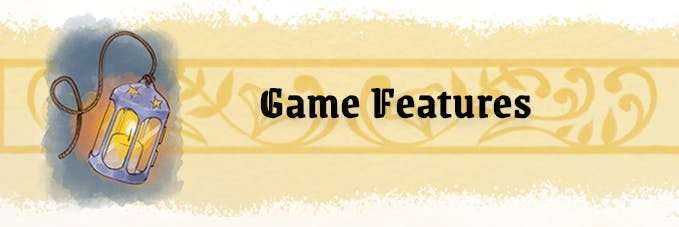 Graphic background is white. This image is a header for a subsection. A long golden strip with watercolor-like texture on the top and bottom forms the long rectactangular base. Overlaid is a slightly darker golden graphic with leafy curls like wrought iron. An illustration of a swinging candlelit lantern is positioned off to the far left of the banner. Near the middle is a line of black text which reads Game Features.