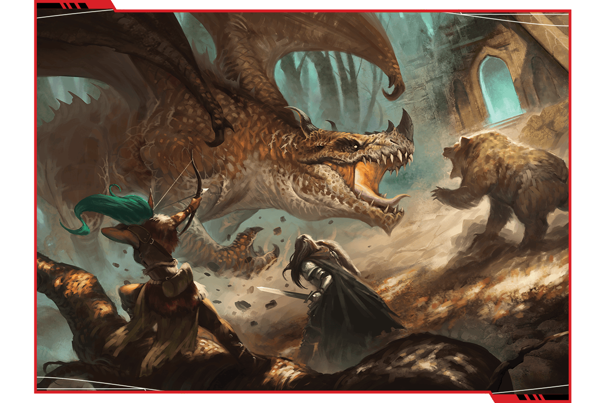 A scene showing a fantasy party including an elf archer, a cloaked fighter, and a wildshaped bear confronting a dragon.