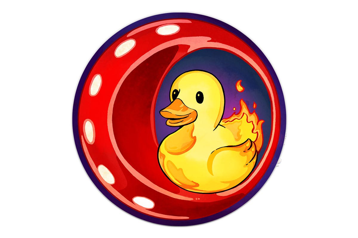 A mockup of a sticker depicting a cartoonish rubber duckie blazing with fire, within the Cypher logo bug.