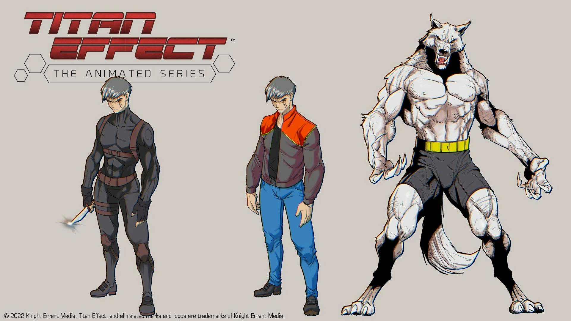 Three versions of the same character with grey hair and a scar on the left part of his face. One wearing a dark jumpsuit, another one where he wears a red and dark jacket with blue jeans and the third one where he's transformed into his human-wolf hybrid form.