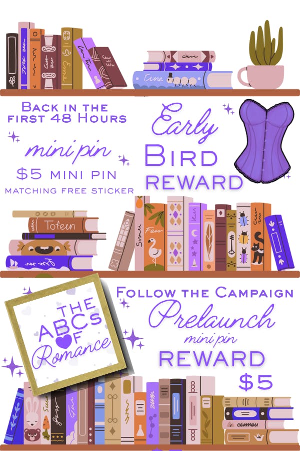 shows mockups of a corset mini pin and "the ABCs of Romance" mini pin, both for $5 each