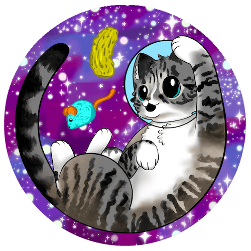 This sticker will be sparkly, and features my sweet Coco and two of her favorite toys - blue mouse and her catnip pickle <3. The image depicts a gray, black and white tabby cat with blue eyes with a space helmet on, as if she is floating in space. One paw is raised up and she is swiping at a pickle and a blue mouse with orange ears and an orange tail.