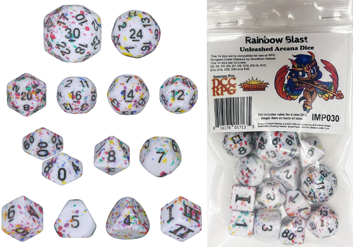 Rainbow Blast DCC 14 dice set plus DCC/5E magic item PDF for Vaiva's Varicolored Staff