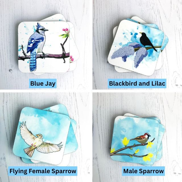 a grid of four coasters created from illustrations by Loadofolbobbins. Clockwise from top left they show a Blue Jay, a male blackbird on a branch of lilac, a male sparrow on a forsythia branch and a flying female sparrow.