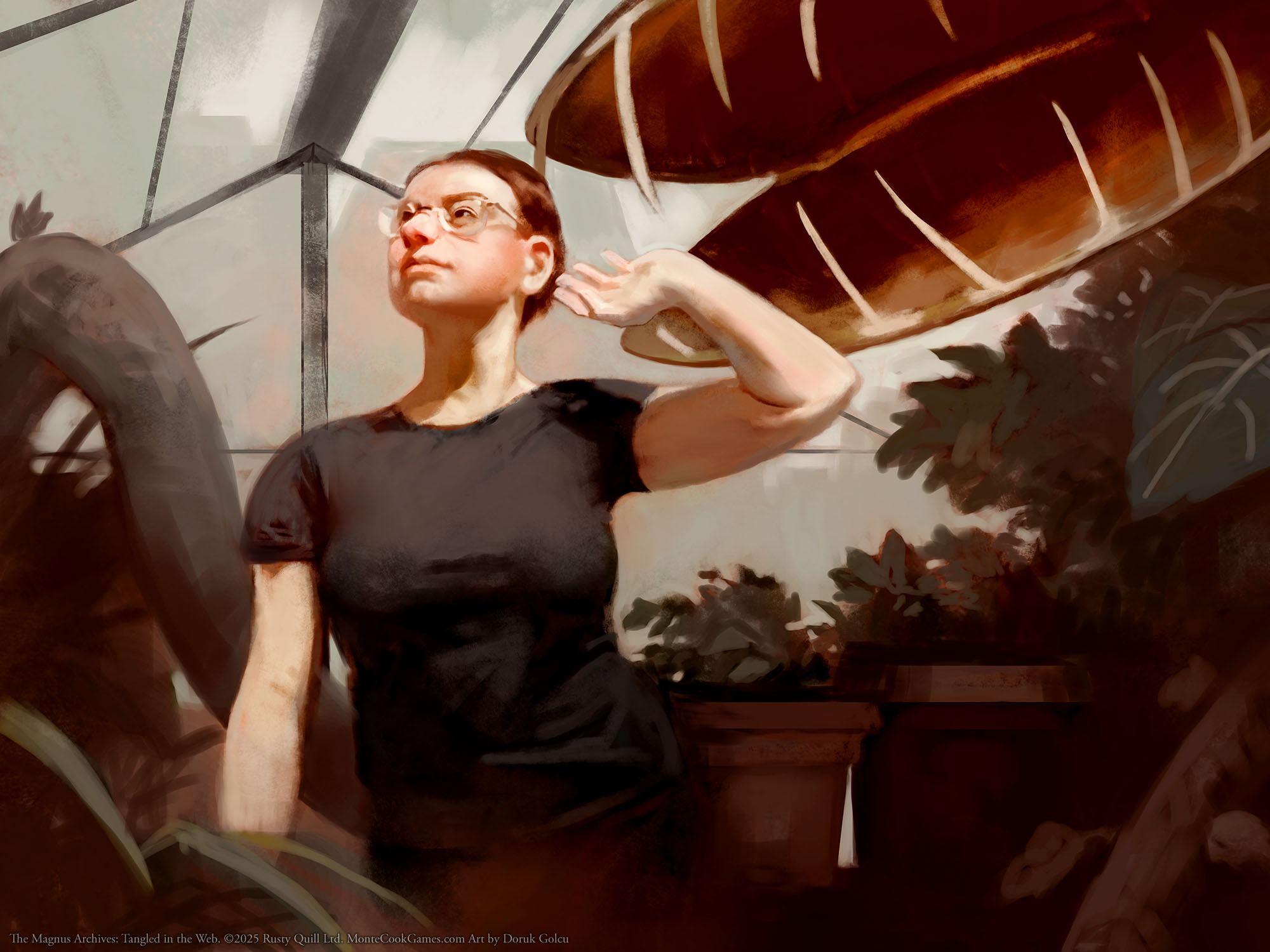 A woman works in a greenhouse. Behind her, a huge carnivorous plant raises its jaws-like flower, seemingly about to strike.