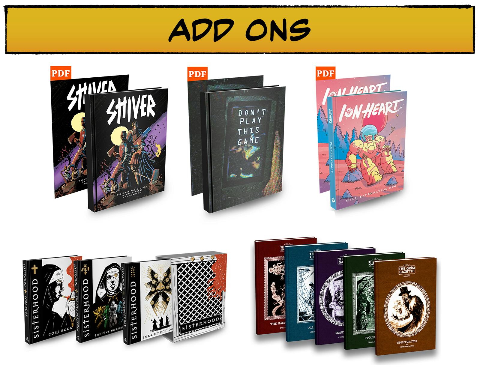 ADDONS For the SHIVER: Cryptids crowdfunding campaign alongside a whole host of Cryptid-themed goodies, we’ve made a selection of games from the Parable Games range available during the active campaign.  If you aren’t quite ready to add more to your pledge right now, we will open the Pledge Manager after the campaign allowing you to add in additional items to your pledge at a later date. 