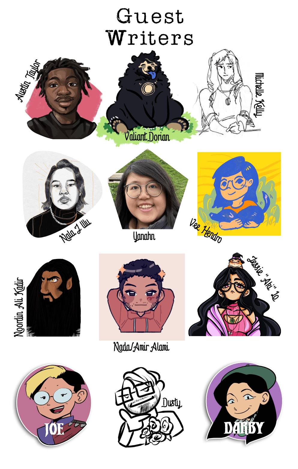 A graphic with all the drawn team portraits featuring  Austin Taylor, Valiant Dorian, Michelle Kelly, Nala J. Wu, Yanahn, Vee Hendro, Noordin Ali Kadir, Nada / Amir Alami, Jessie Lo, Joe Kim, Dusty and Darby Pak. Art done by various artists