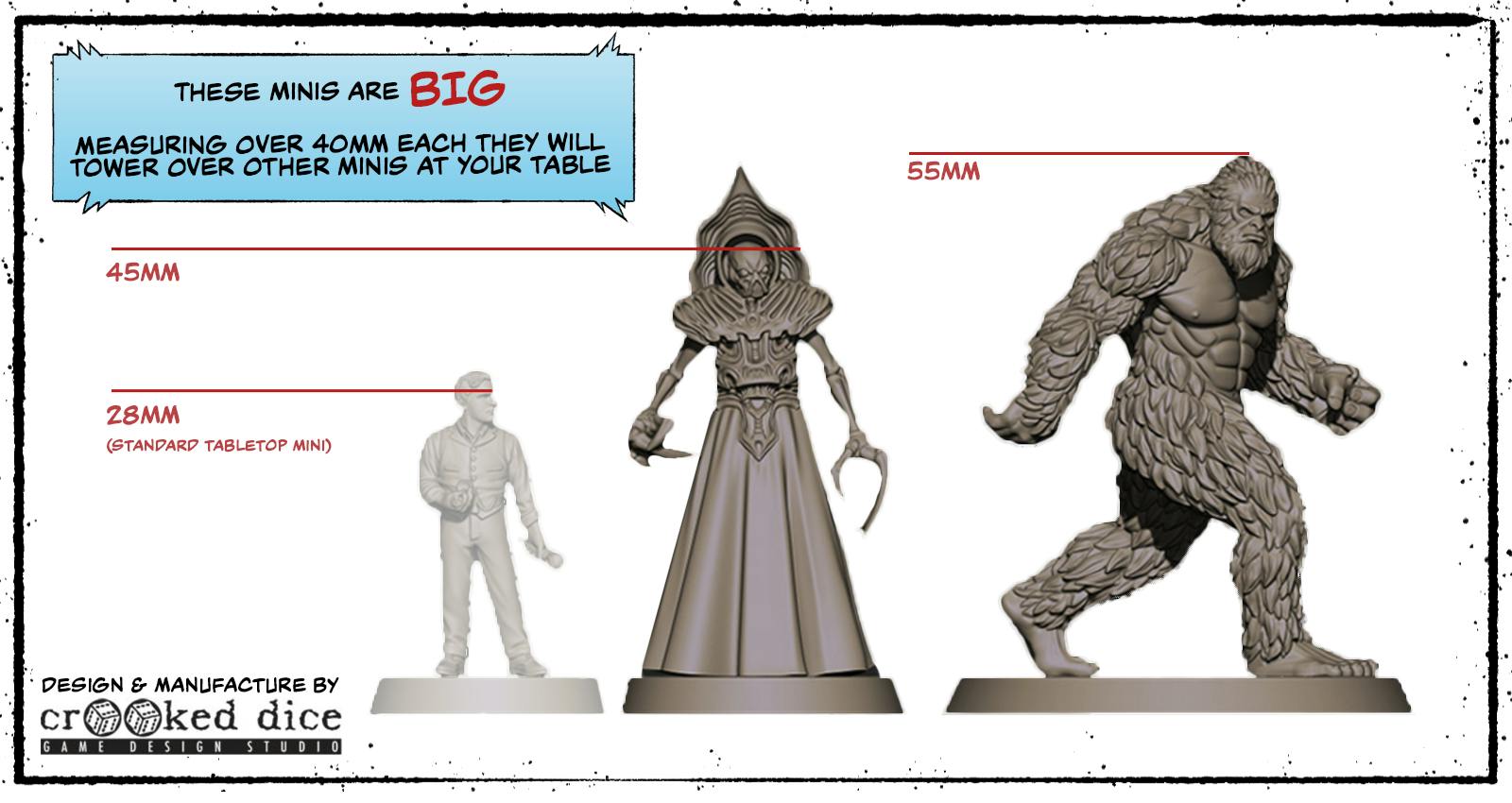 These new Cryptid minis are BIG. Each measures over 40mm, towering over other minis at your table. Braxxie's head height is 45mm, Bigfoot's is 55mm