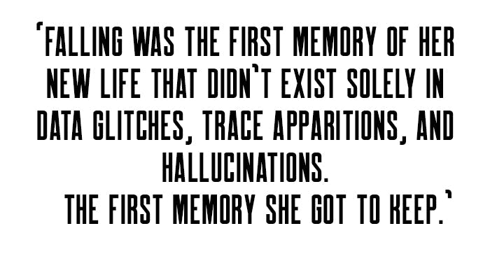 Falling was the first memory of her new life that didn’t exist solely in data glitches, trace apparitions, and hallucinations.  The first memory she got to keep.