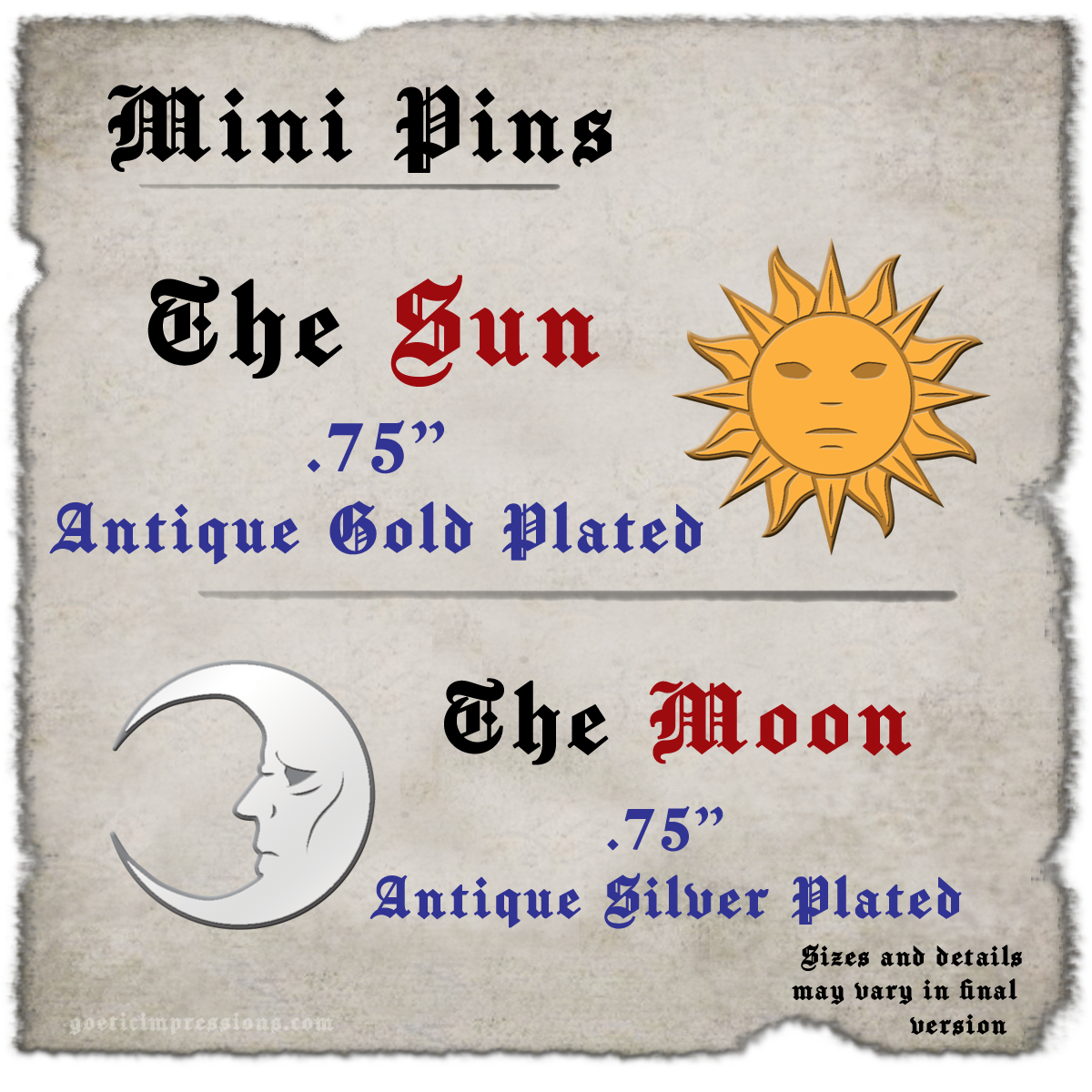  Mini enamel pin designs of The Sun in antique gold plating and The Moon in antique silver plating based on the occult grimoire Book of Oberon 