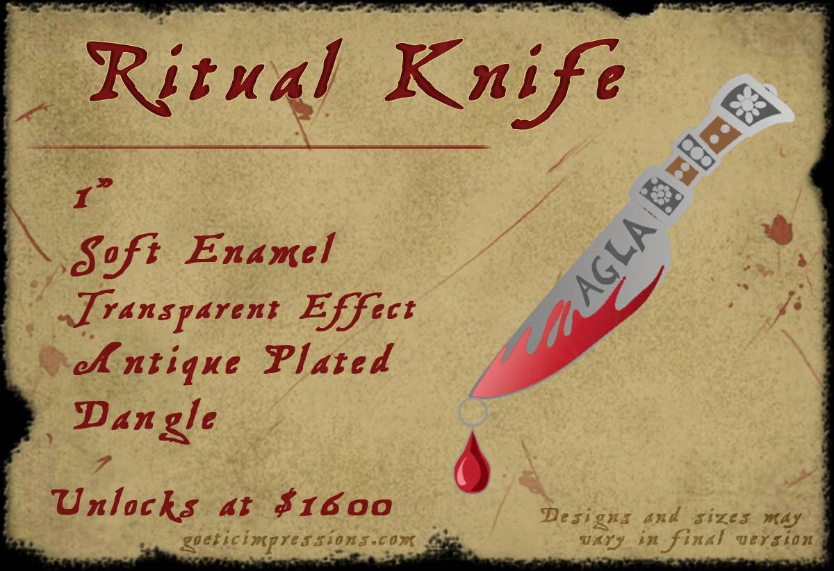 Enamel pin design of a ritual knife with AGLA engraved in it with a blood dangle tear drop charm inspired by the Grimorium Verum