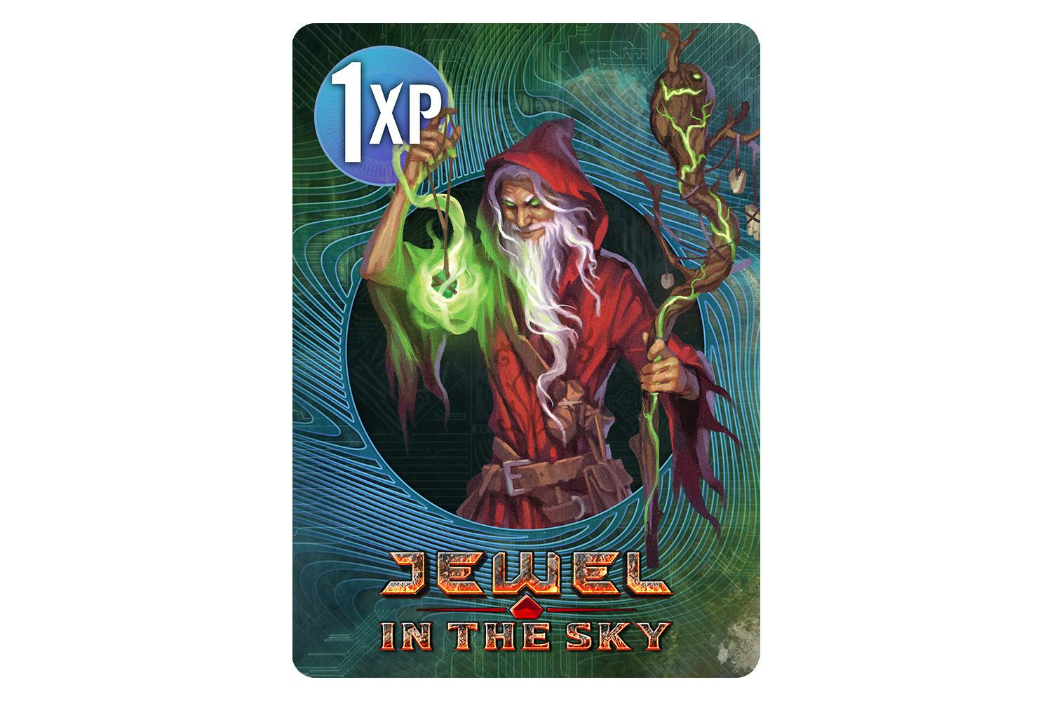Mockup of a Cypher XP card featuring the Jewel in the Sky logo and an image of a fantasy wizard in red robes, holding a glowing staff and strange talisman.