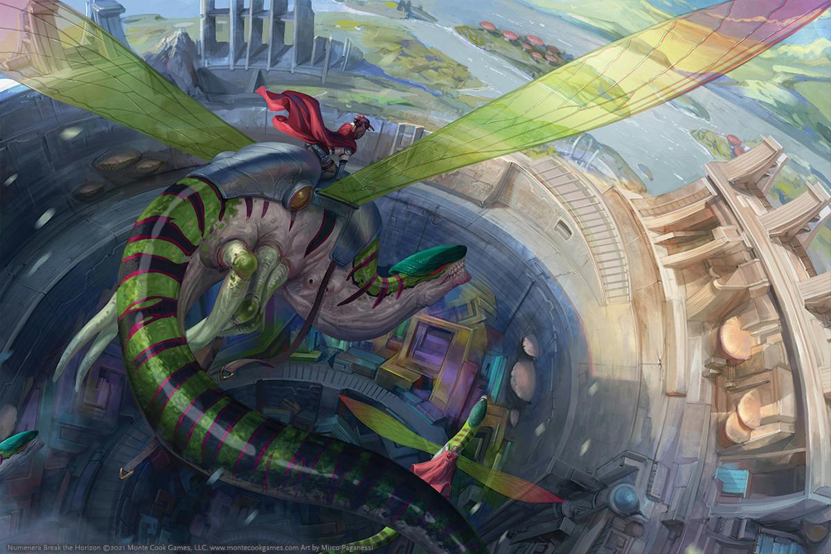 Art from Nunemera. A humanoid riding a dragon—like monster with light, beetle wings