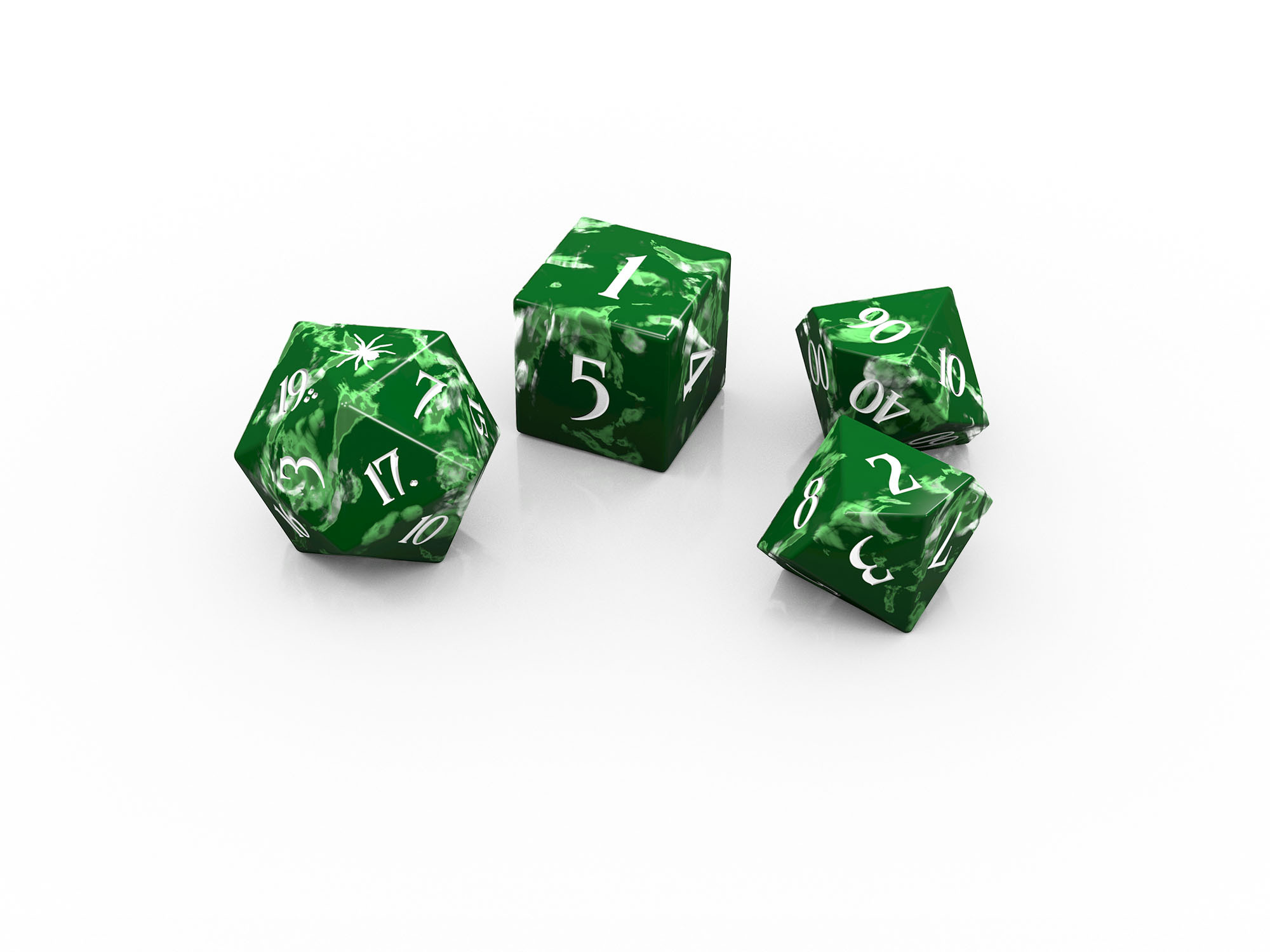 Mockup of dice set showing a d20, d6, and percentile dice, with a spider showing on the 1 face of the d20.
