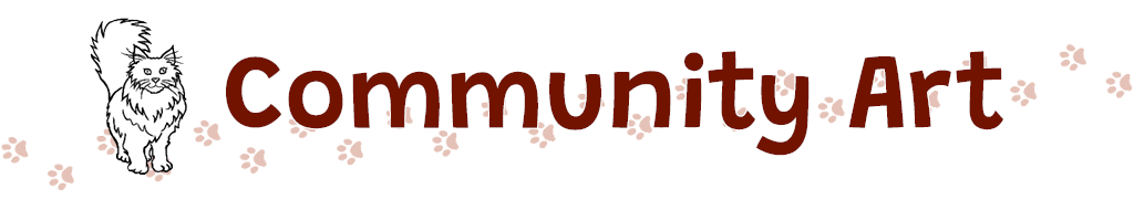 Community Art. A fluffy cat stands next to the title with its tail upright. A track of cat paw prints stretches across the page.