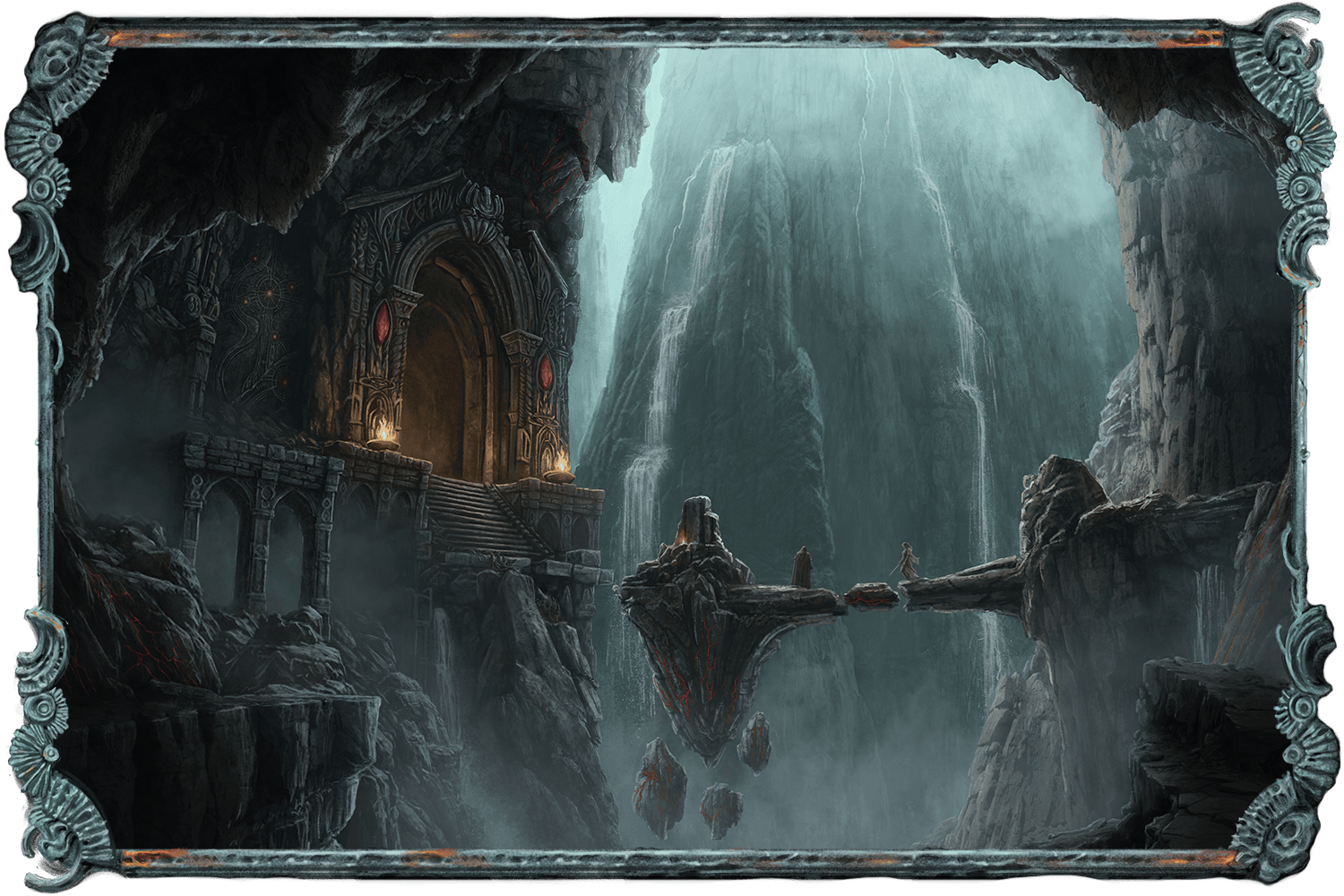 An illustration showing a vast cavern. A group of explorers cross a crumbling bridge that hangs midair, approaching an ornately carved doorway flanked by flaming braziers.