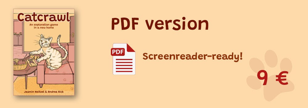 PDF pledge. PDF, screenreader-ready. 9 €. Beside the text is the cover of Catcrawl.
