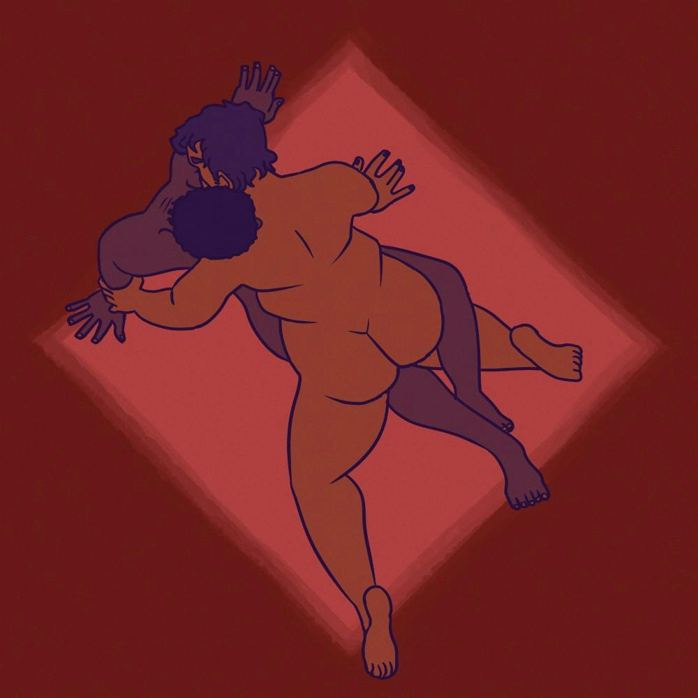 Deux hommes trans nus, l'un sur l'autre, dessinés d'une vue du dessus.