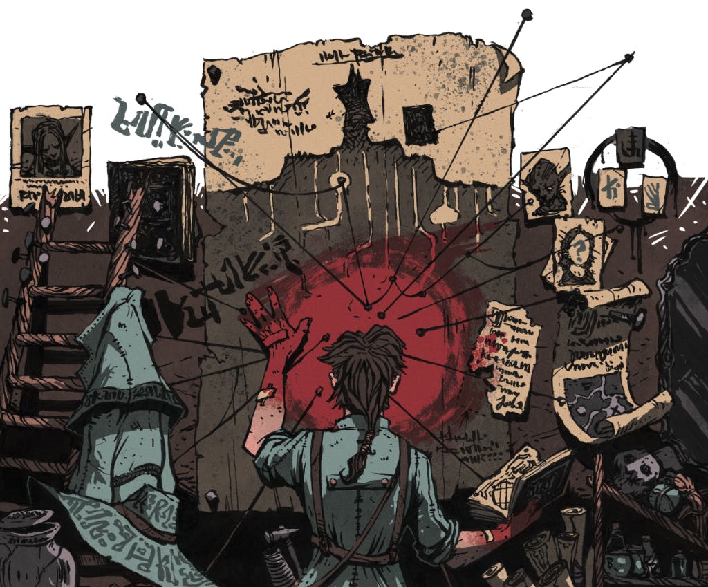 An illustration of a Junkmage obsessing over Heart, they have attached lots of illustrations, newspaper clippings and string connecting them to a wall. They have smeared blood over the centre of the collection, their hands are covered in blood.