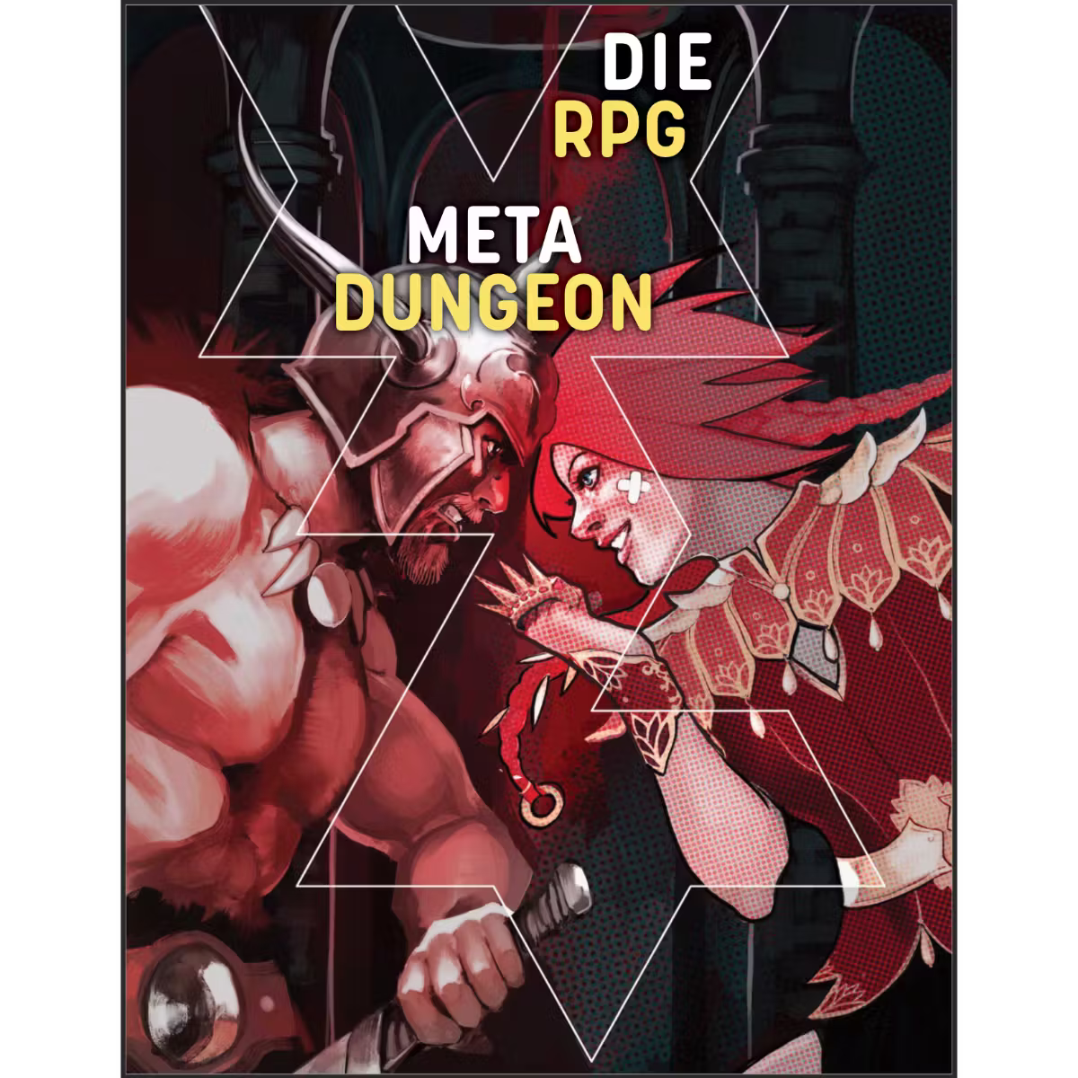 The DIE Metadungeon cover. The artwork depicts a helmeted, bearded male barbarian drawn in a classic fantasy style, locked in battle with a young, female counterpart who wears red silk and wields a jewelled knuckleduster.