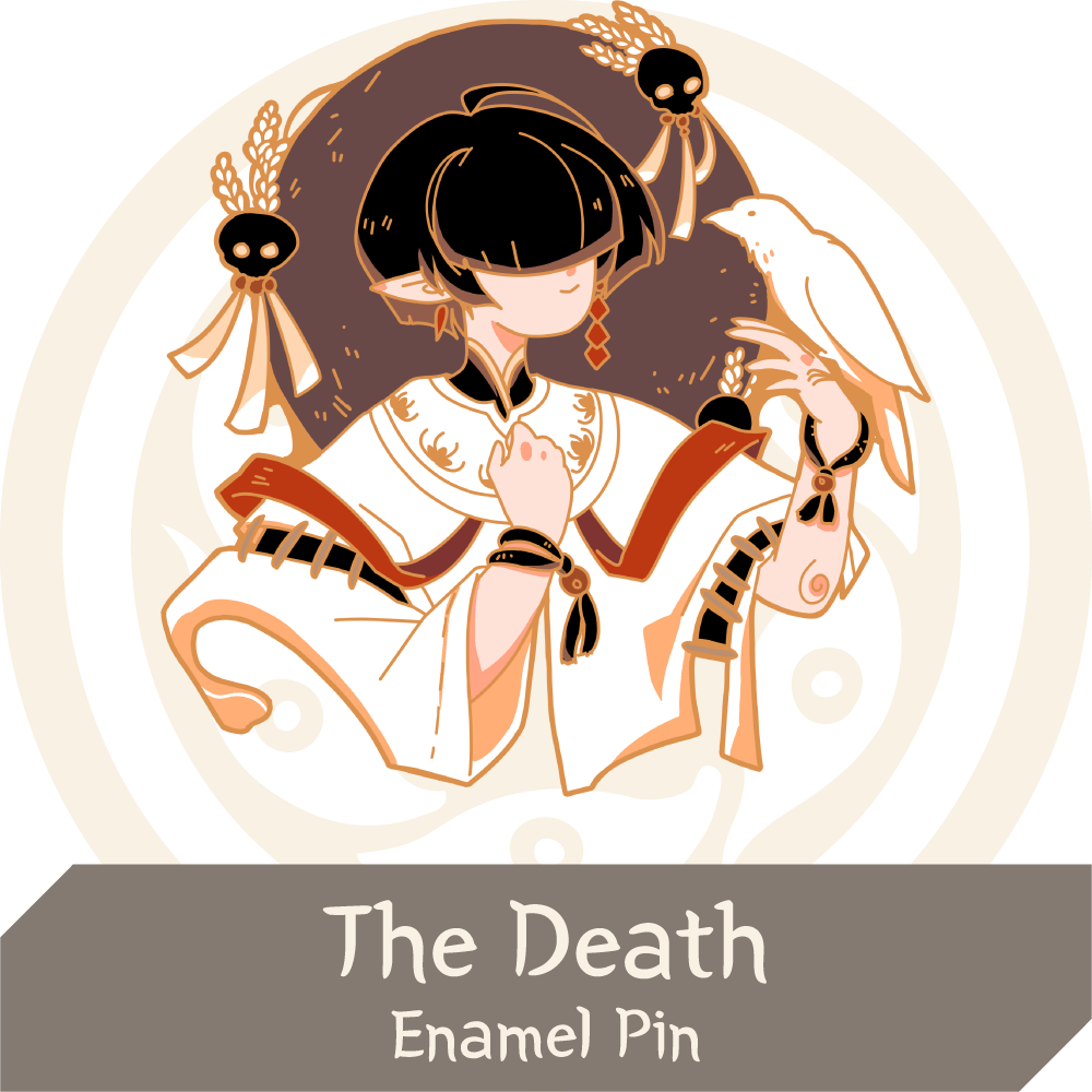 Preview of The Death pin, with a figure in white looking at a white crow perched on their hand.